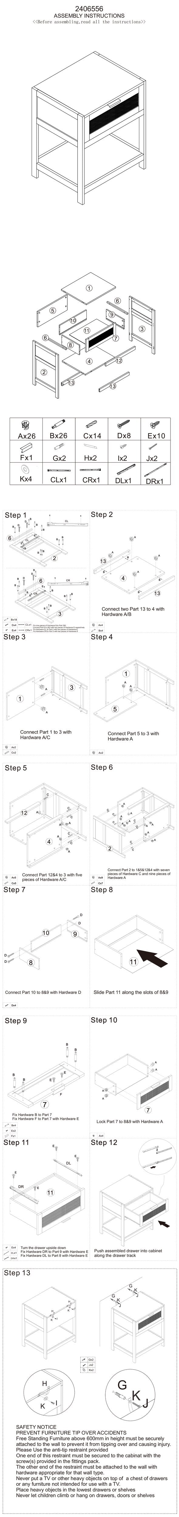 Burwood Black Wood & Rattan Bedside Table | 1 Drawer